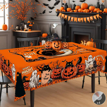 Spooky Pumpkin Moon Black Cat Halloween Tablecloth - Witchy Table Decoration Gothic Tablecloth