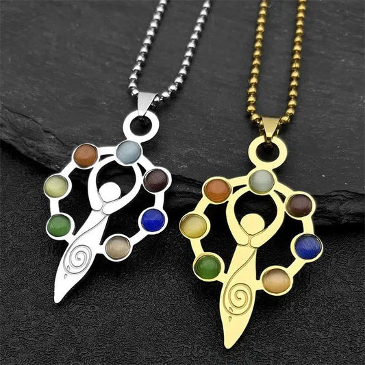 7 Chakra Stones Pagan Goddess Necklace Spiritual Healing Amulet Jewelry