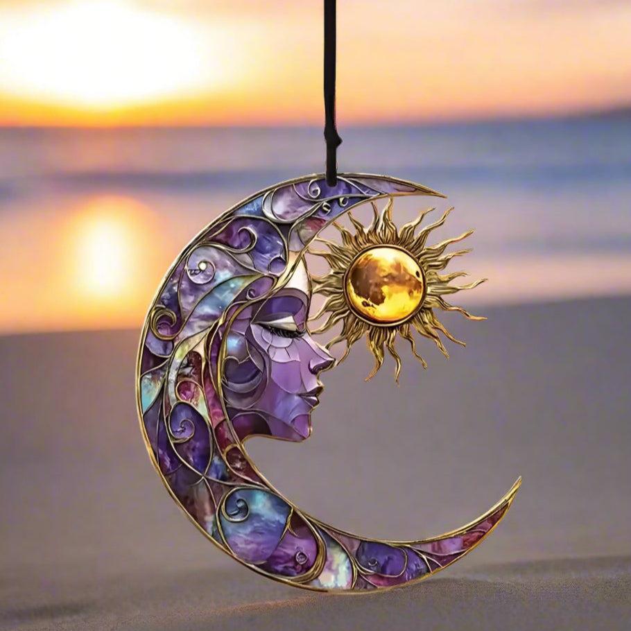 Boho Crescent Moon and Sun Hanging Ornament - Celestial Sun Moon Goddess Acrylic Suncatcher Window Hanging-MoonChildWorld