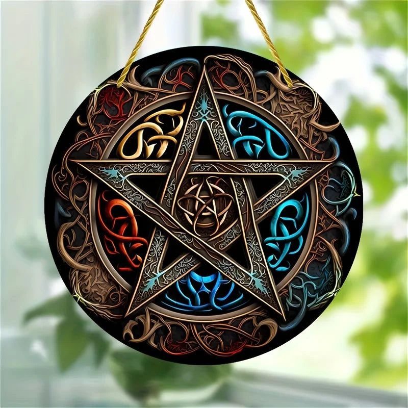 Pentacle Suncatcher Pagan Acrylic Round Sign Pentagram Wicca Wall Hanging-MoonChildWorld