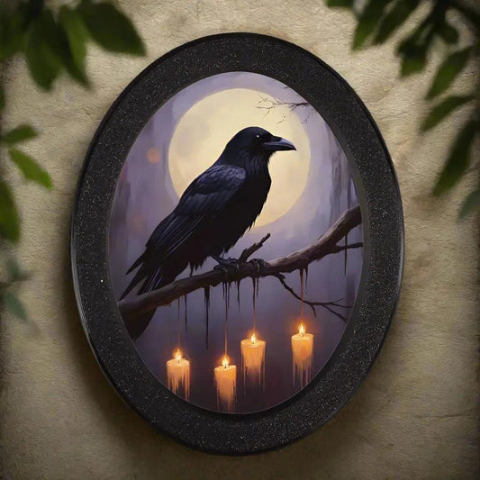 Moonlit Dark Crow Wall Art - Witchy Raven Gothic Wooden Oval Frame Halloween Wall Decor