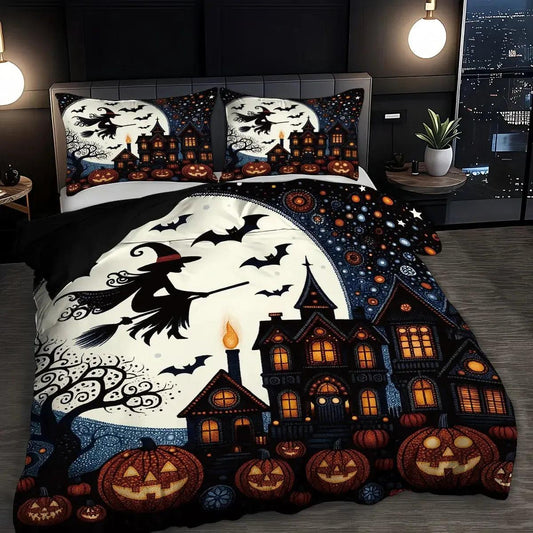 Halloween Bedding Set Gothic Castle Flying Witch Duvet Cover for Witch Home Decor