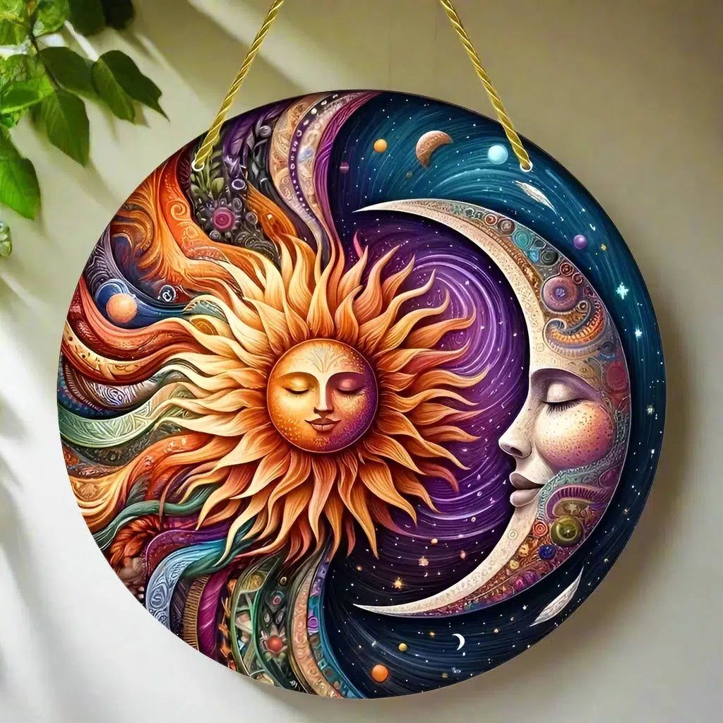 Wicca Sun and Moon Wooden Sign Celestial Goddess Hanging Sign-MoonChildWorld