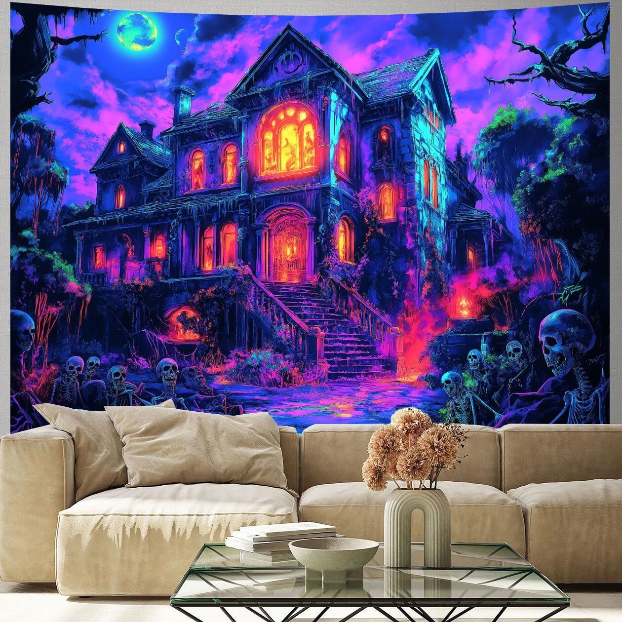 Gothic Haunted House UV Reactive Tapestry for Halloween Wall Decor-MoonChildWorld