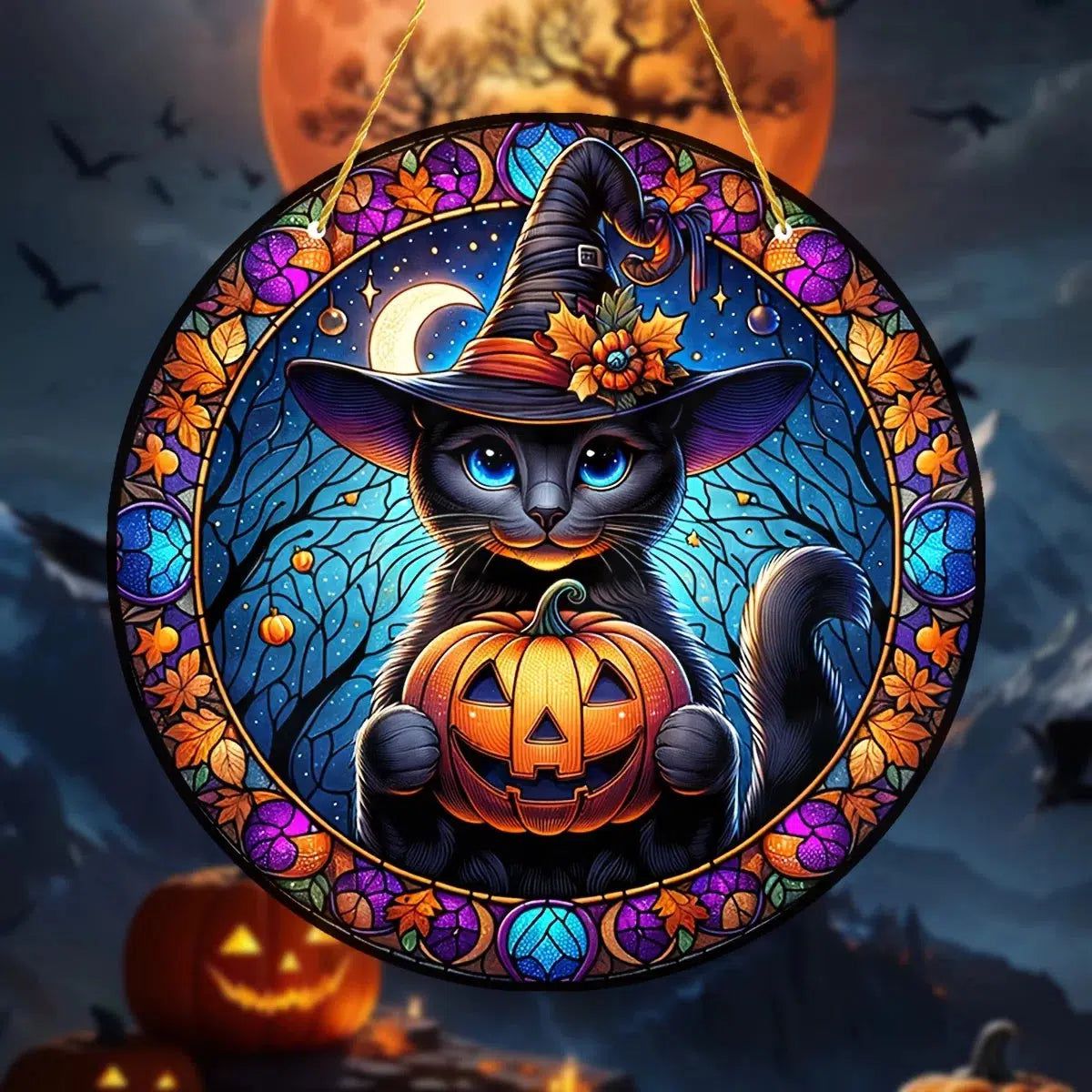 Halloween Cat Suncatcher Pumpkin and Black Cat Hanging Ornament Window Decorations-MoonChildWorld