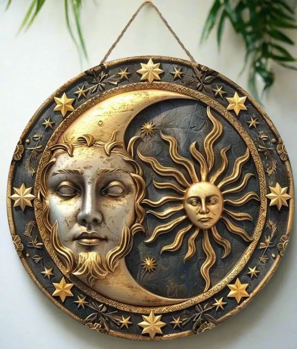 Sun and Moon Wooden Sign Celestial Goddess Hanging Sign-MoonChildWorld