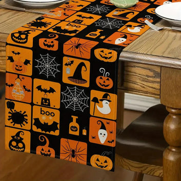 Halloween Spooky Pumpkin Grid Linen Table Runner - Gothic Witch Table Runner Halloween Decorations