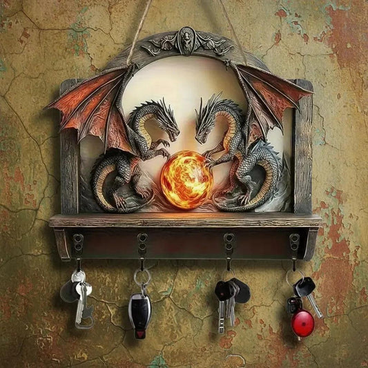 2D Retro Dragon Wooden Key Holder with Four Metal Hooks