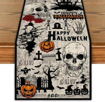 Halloween Gothic Skull Linen Table Runner Witch Table Decor Halloween Decoration-MoonChildWorld