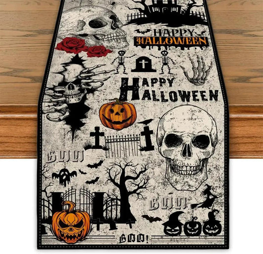 Halloween Gothic Skull Linen Table Runner Witch Table Decor Halloween Decoration