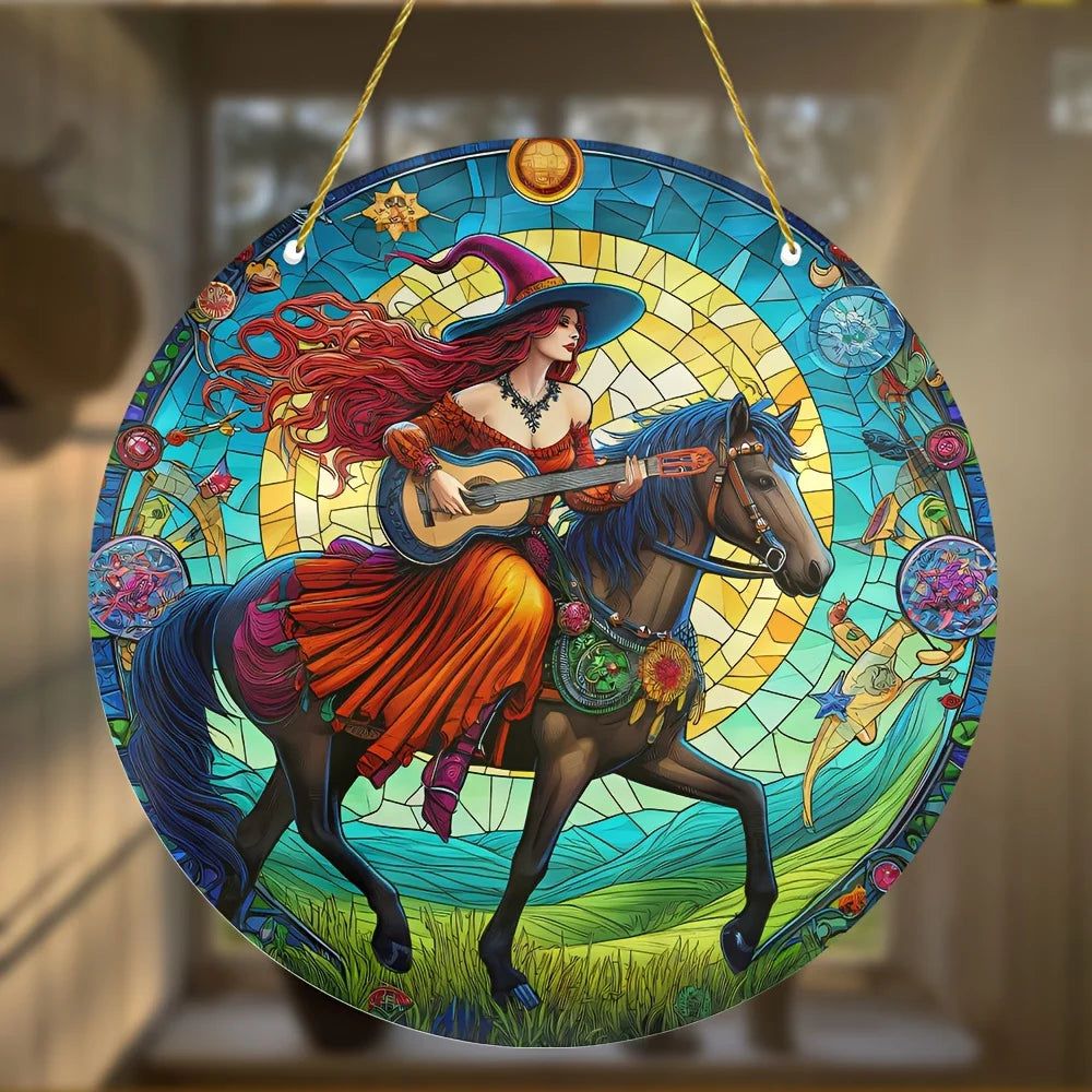 Guitar Witch Suncatcher Enchanting Acrylic Round Sign Witchy Home Decor-MoonChildWorld