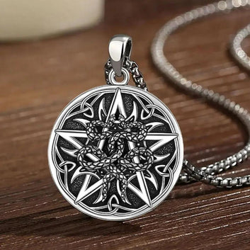 925 Sterling Silver Witchy Pentagram Snake Necklace Celtic knot Wicca Pagan Jewelry