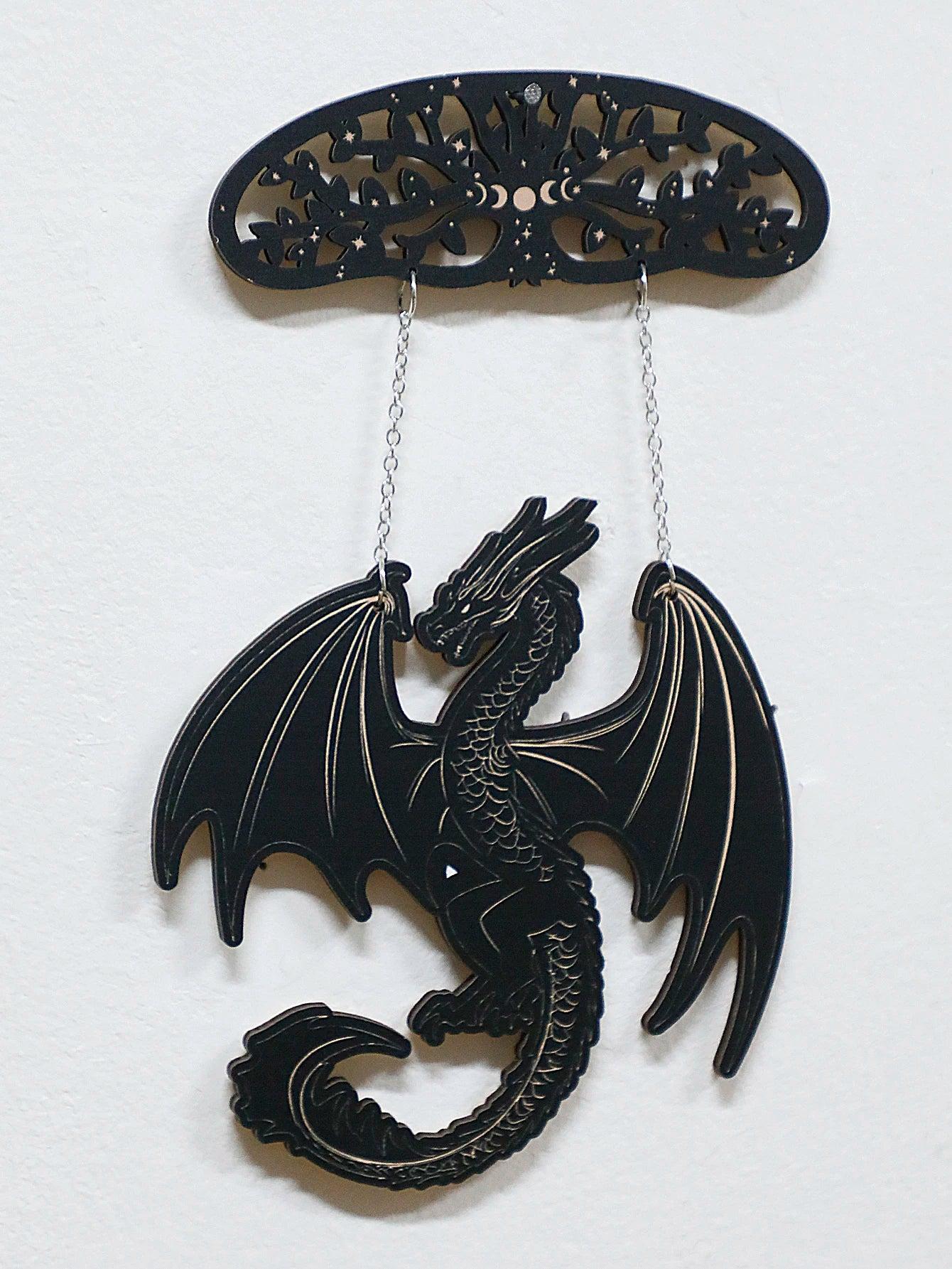 Gothic Black Wooden Dragon Hanging Ornament - Spirit Tree Moon Phase Wall Decoration Wicca Home Decor-MoonChildWorld