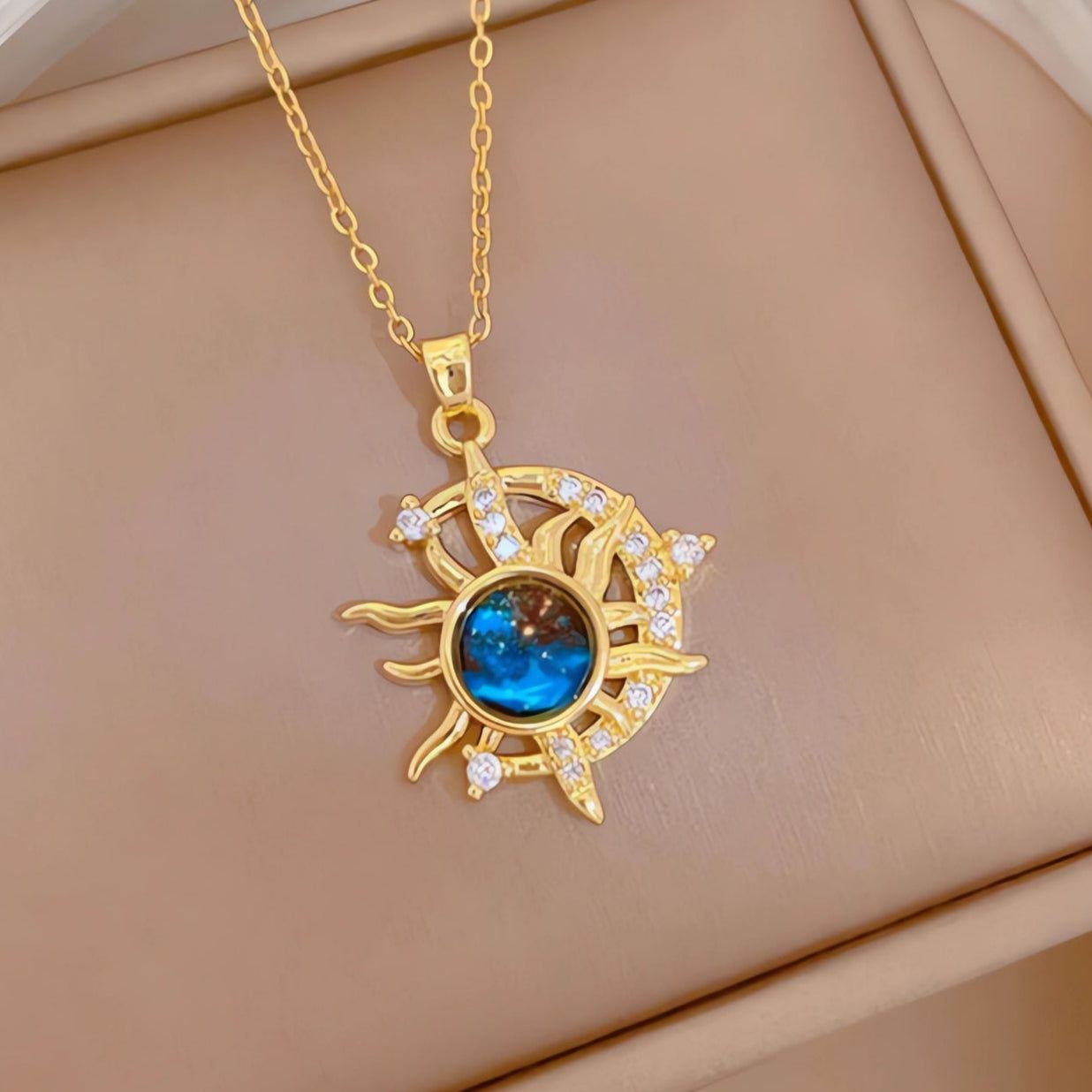 Blue Crystal Sun Moon Necklace Celestial Sun Moon Goddess Necklace Pagan Jewelry-MoonChildWorld