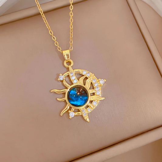 Blue Crystal Sun Moon Necklace Celestial Sun Moon Goddess Necklace Pagan Jewelry