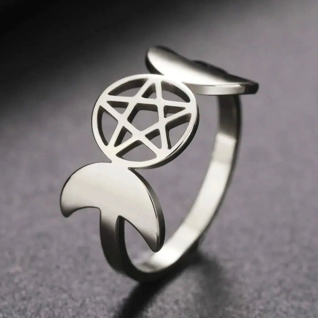 Pentagram Triple Moon Ring Wiccan Jewelry-MoonChildWorld