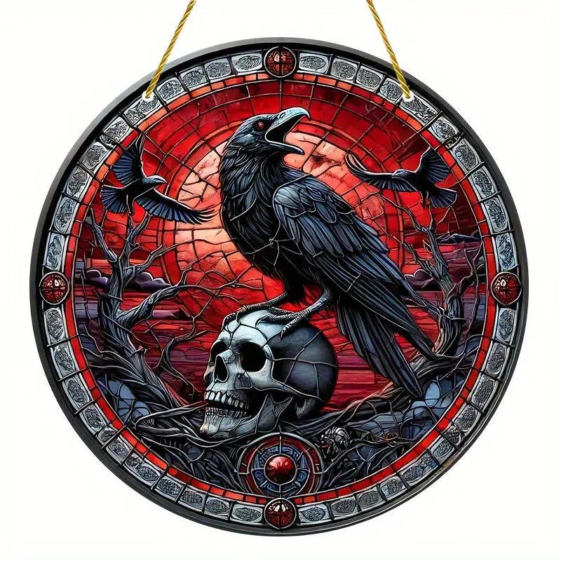 Skull Raven Suncatcher Halloween Crow Window Hanging Gothic Crow Suncatcher-MoonChildWorld