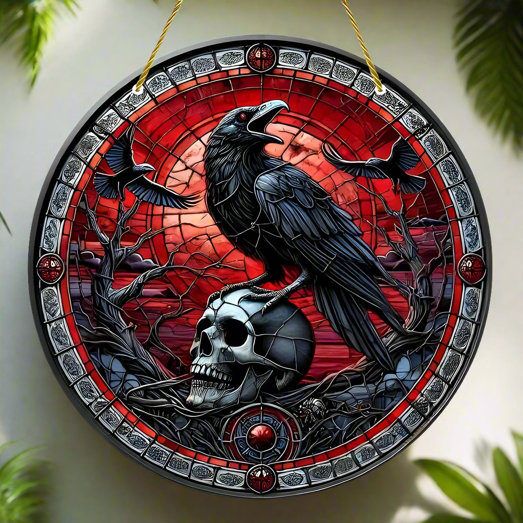 Skull Raven Suncatcher Halloween Crow Window Hanging Gothic Crow Suncatcher-MoonChildWorld