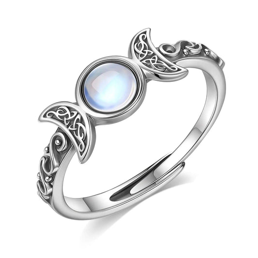 925 Sterling Silver Wicca Triple Moon Ring Moonstone Adjustable Rings Witchcraft Jewelry