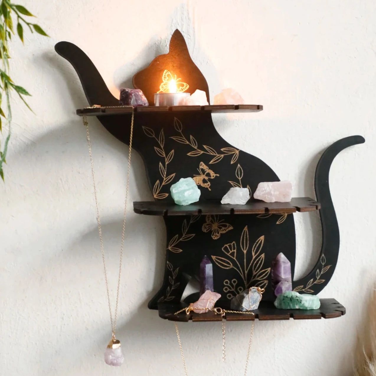 Flower Black cat Crystal Shelf Display Witchy Home Decorations Black Cat Wooden Wall Shelf-MoonChildWorld