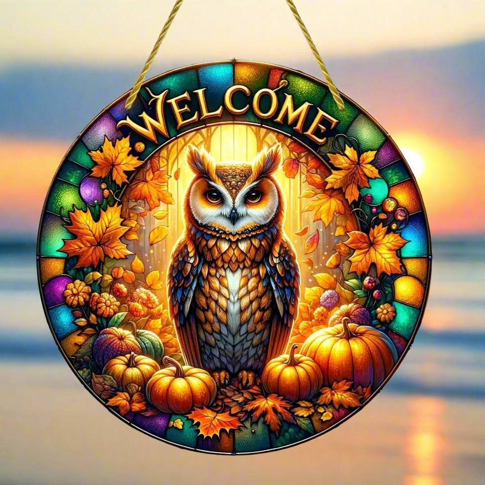 Witchy Owl Suncatcher Halloween Acrylic Round Sign-MoonChildWorld