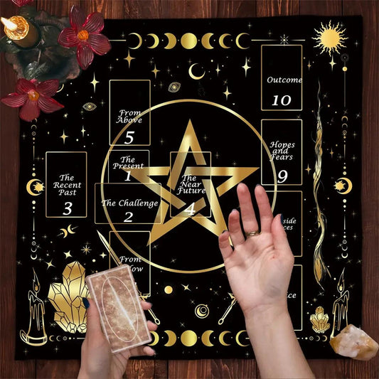 Golden Pentacle and Moon Phases Altar Cloth Wicca Tarot Tablecloth Pagan Altar Supplies