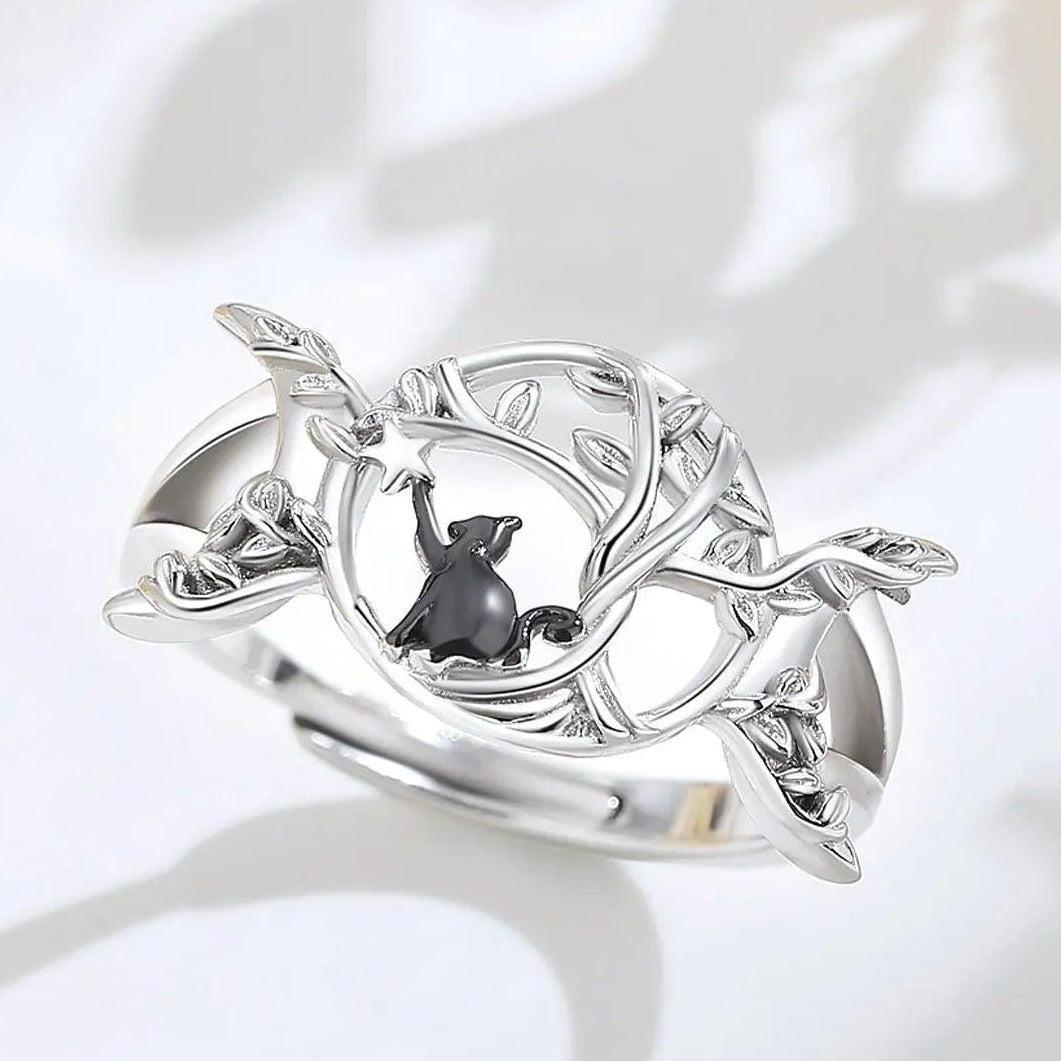 925 Sterling Silver Wicca Triple Moon Ring Black Cat Ring Witchy Jewelry-MoonChildWorld