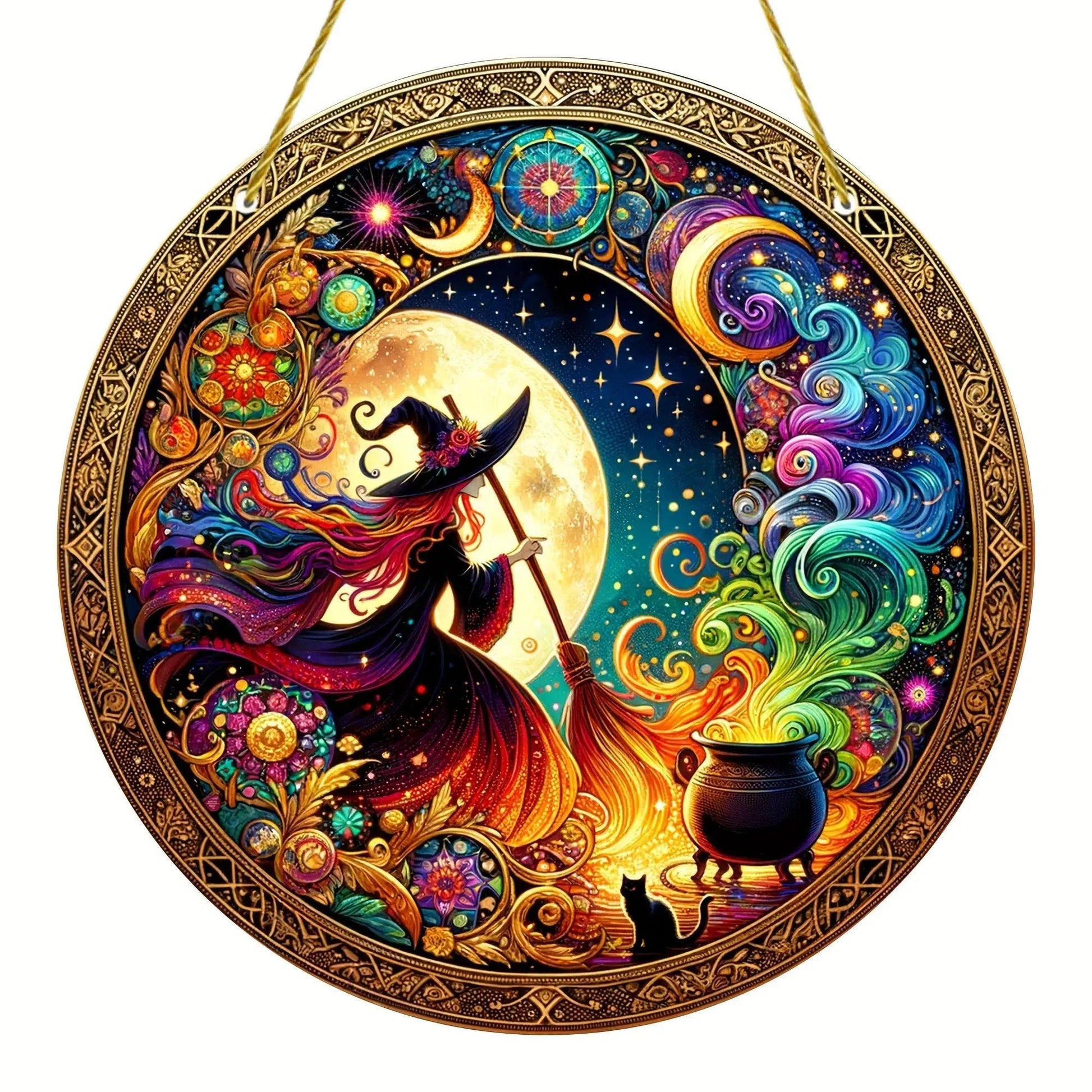 Witch Suncatcher Magic Acrylic Round Sign Halloween Window Hanging Decor-MoonChildWorld