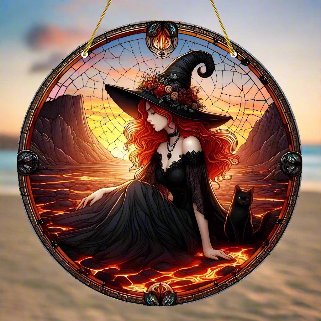 Black Cat and Witch Suncatcher Mystic Witch Window Hanging-MoonChildWorld