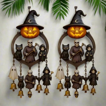 Gothic Halloween Wind Chime Spooky Bell with Pumpkin Lantern Grim Reaper Ghost Black Cat for Home Porch Decoration