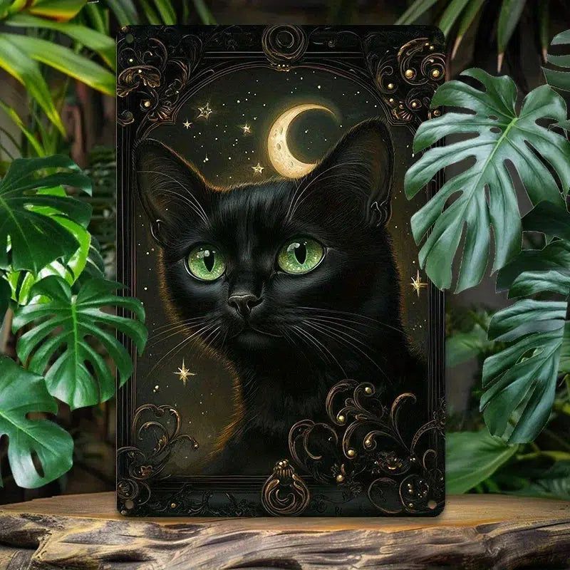 Vintage Black Cat with Green Eyes Wall Art Witchy Cat Metal Tin Sign-MoonChildWorld