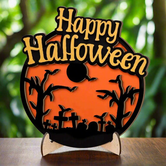 3D Halloween Witch Ornament Wooden Stand - Creepy Cemetery & Bat Scene