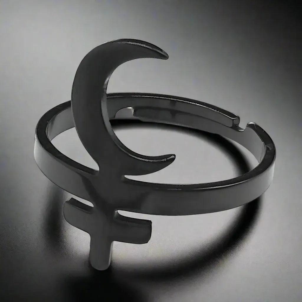 Lilith Crescent Inverted Cross Ring Gothic Witch Jewelry-MoonChildWorld