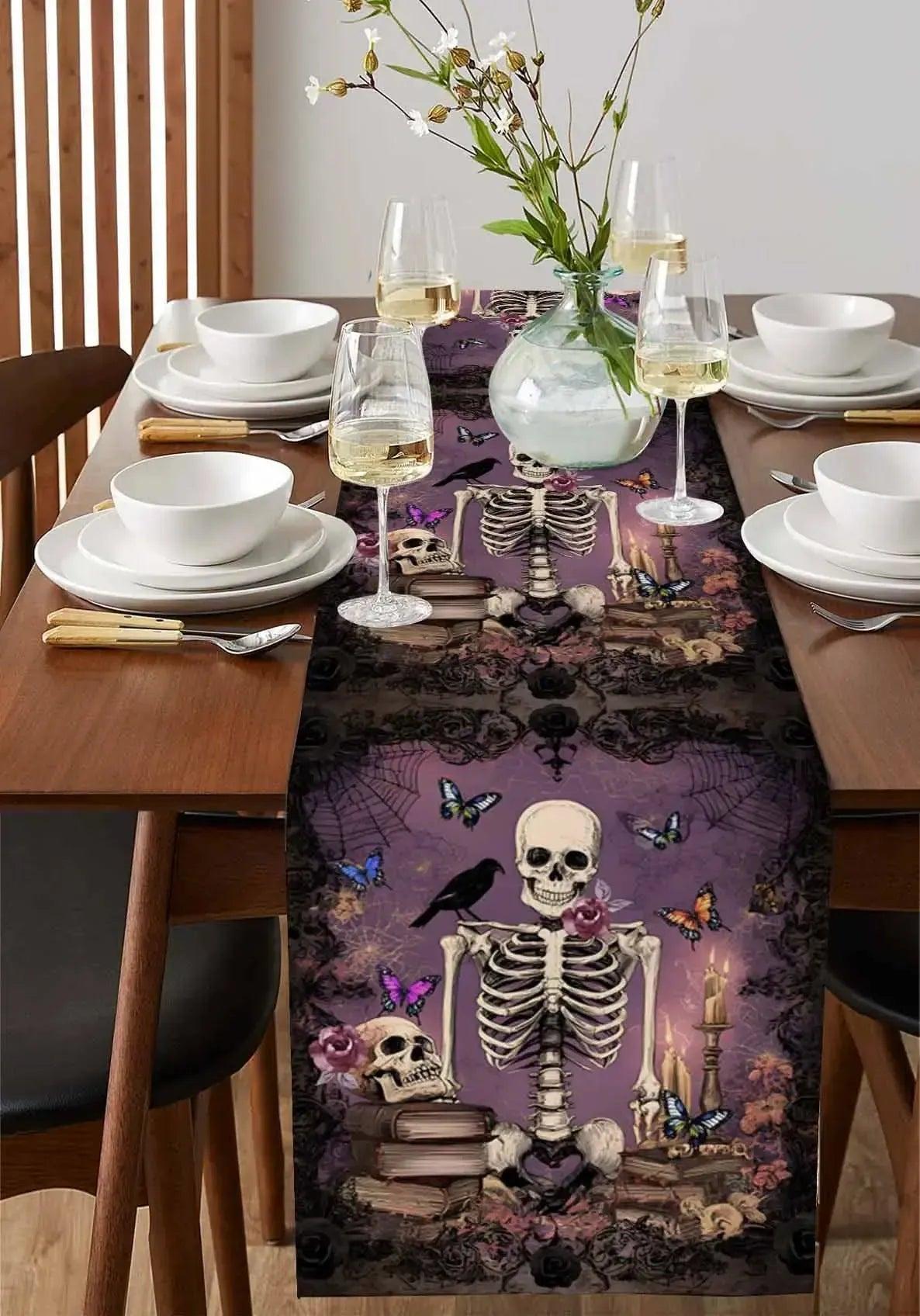 Purple Skull Witch Skeleton Table Runner Gothic Table Runner for Halloween Decor-MoonChildWorld