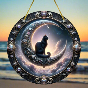 Magic Black Cat on the Moon Window Hanging Black Cat Acrylic Sign-MoonChildWorld