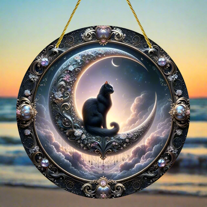 Magic Black Cat on the Moon Window Hanging Black Cat Acrylic Sign-MoonChildWorld