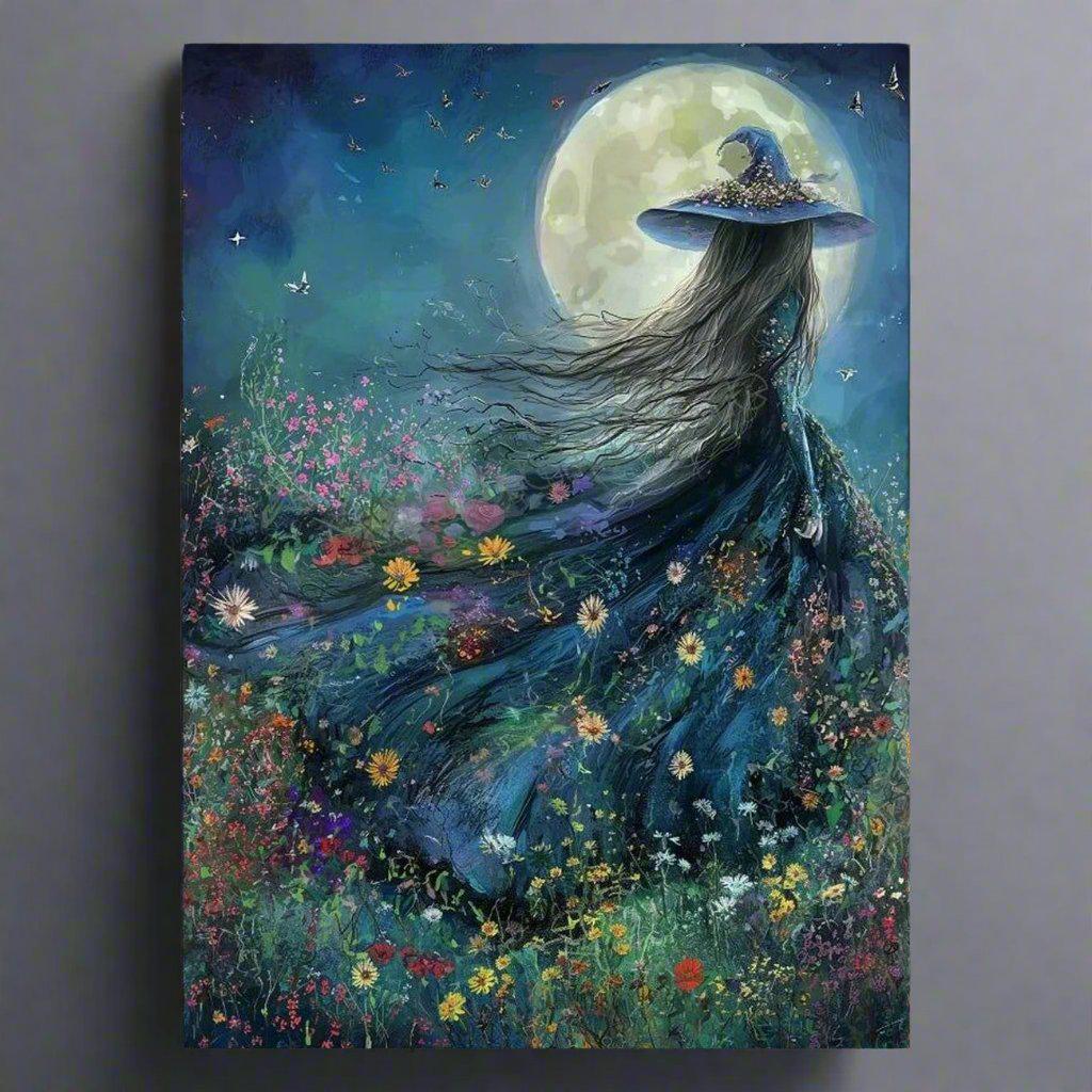 Halloween Full Moon Dark Witch in Wildflowers Mystical Witch Poster Wall Art-MoonChildWorld