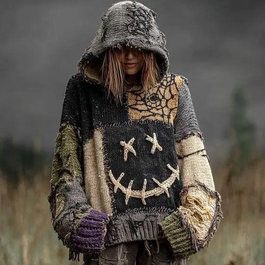 Gothic Halloween Oversized Sweaters Horror Black Cat Sweater O Neck Hooded Pullover-MoonChildWorld