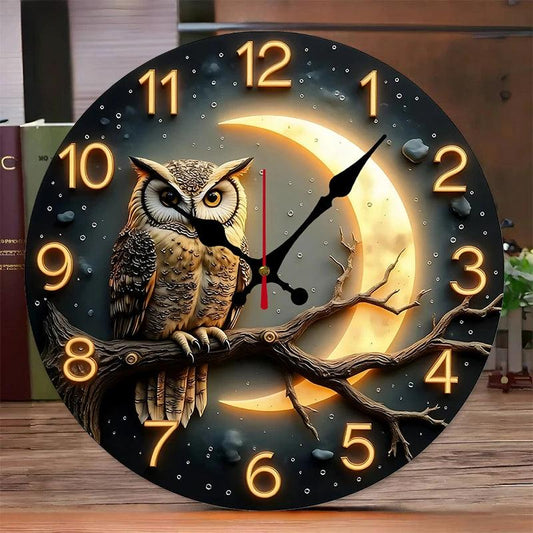 Moonlight Night Owl Wooden Wall Clock