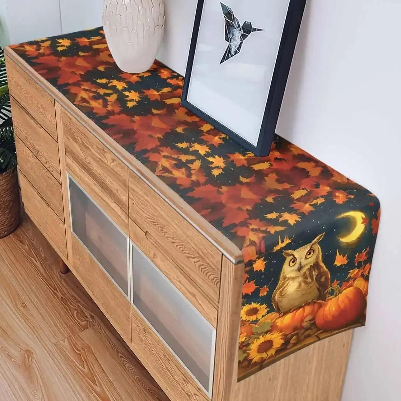 Fall Moon Owl Pumpkins Maple Linen Table Runner Thanksgiving Decorations-MoonChildWorld