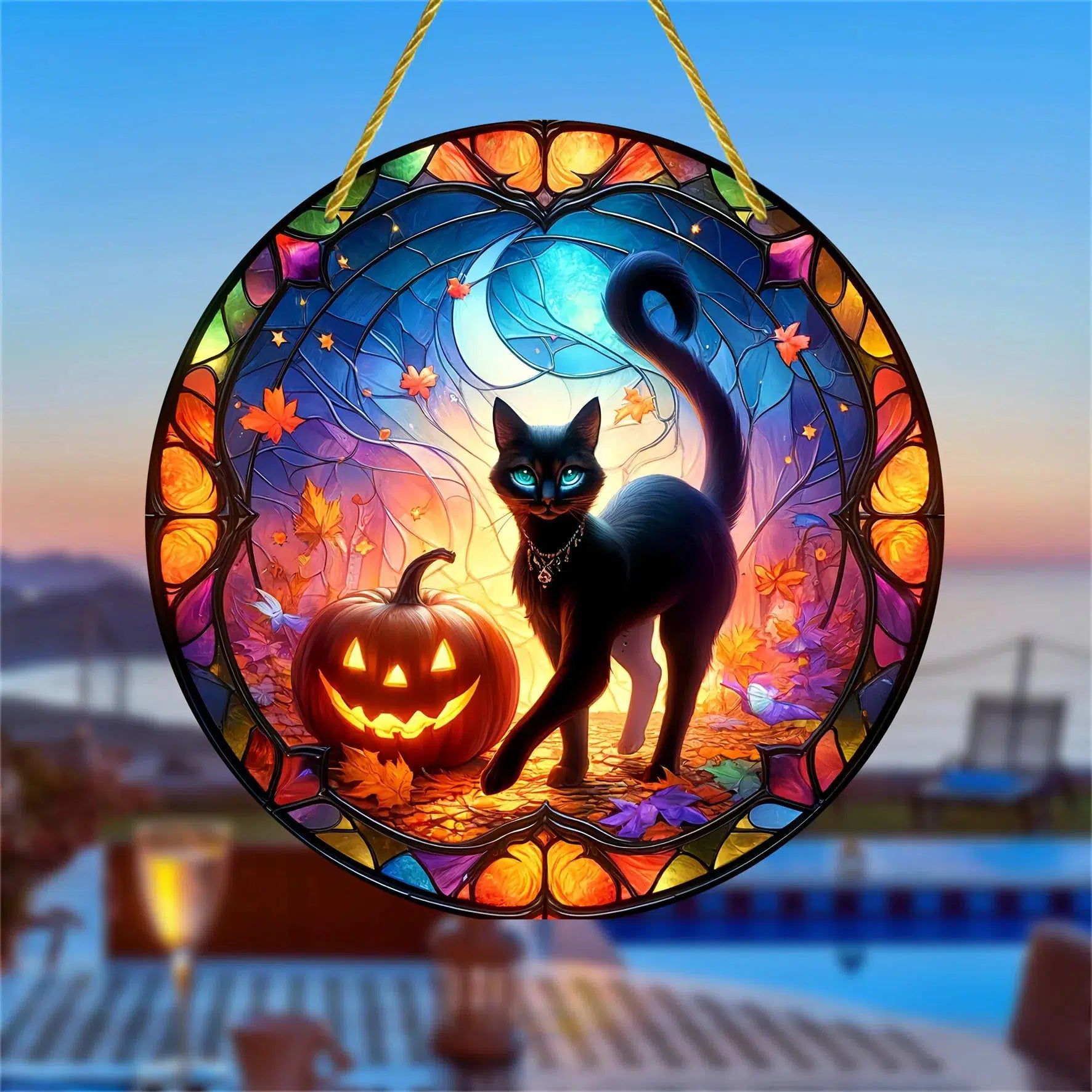 Pumpkin Black Cat Suncatcher Halloween Acrylic Round Sign-MoonChildWorld