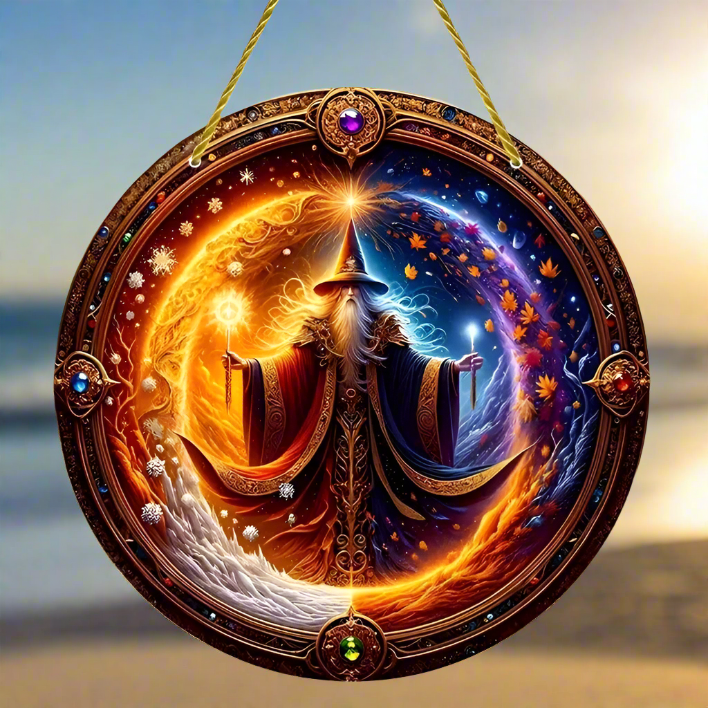 Seasonal Fusion Wizard Suncatcher Witchcraft Window Hanging-MoonChildWorld