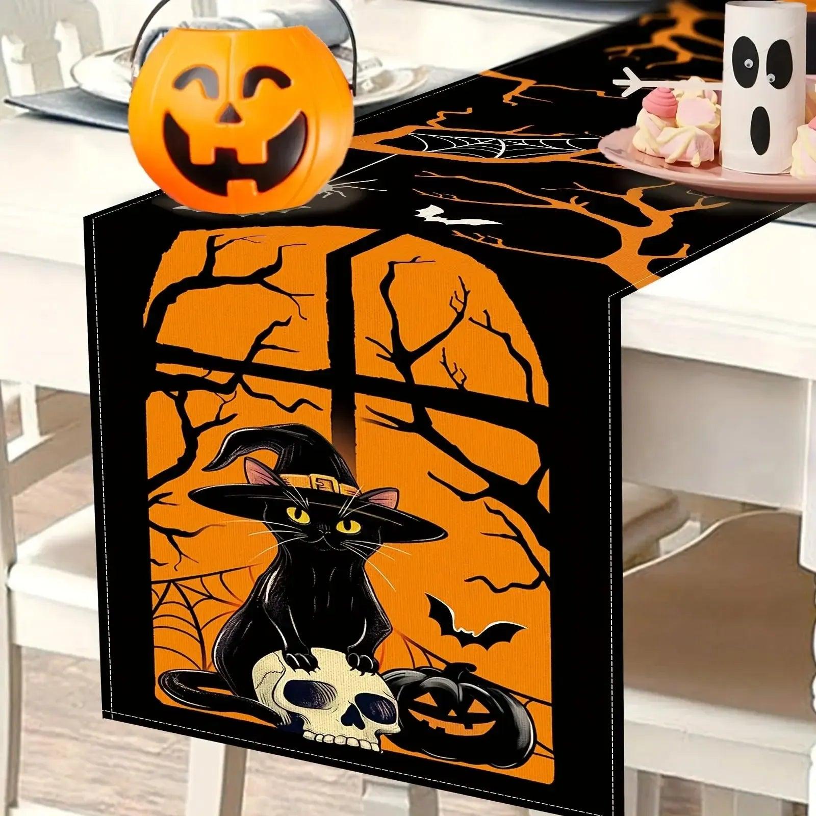 Gothic Skull Pumpkin Black Cat Halloween Table Runners - Witchy Spooky Table Decor for Halloween-MoonChildWorld