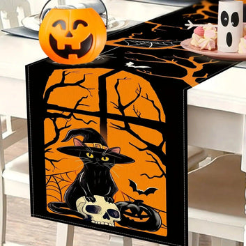 Gothic Skull Pumpkin Black Cat Halloween Table Runners - Witchy Spooky Table Decor for Halloween