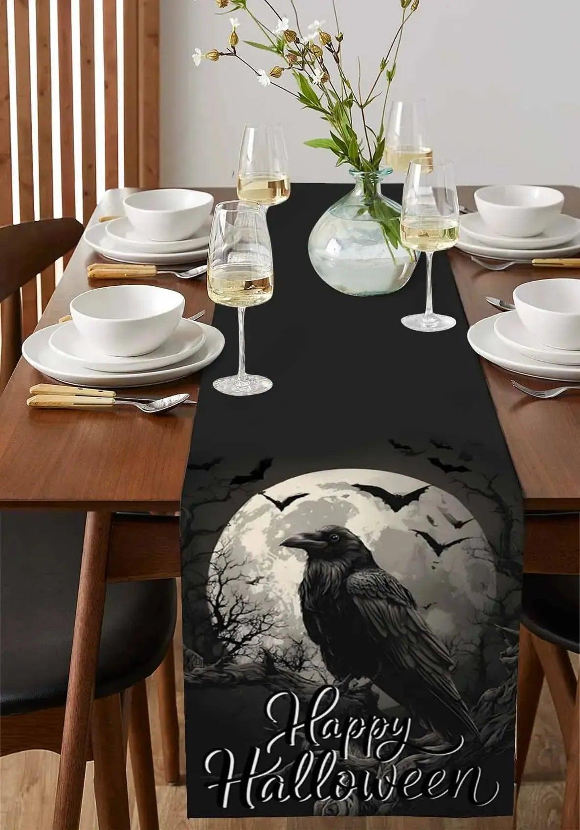 Moon Crow Gothic Table Runner for Halloween Table Decor - Witchy Raven Table Runner-MoonChildWorld