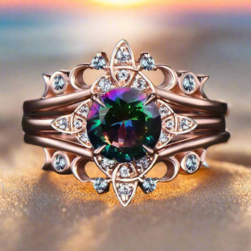 Set of 3 Colorful Quartz Crystal Celtic Knot Triple Moon Wiccan Ring Witch Jewelry