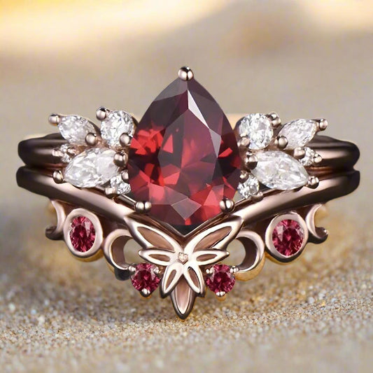 Red Zircon Crystal Celtic Knot Triple Moon Wiccan Ring Witch Jewelry