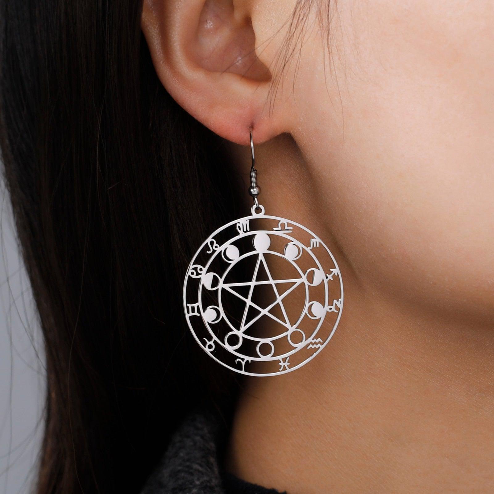 Moon Phase Pentagram Earrings Wiccan Pagan Jewelry-MoonChildWorld