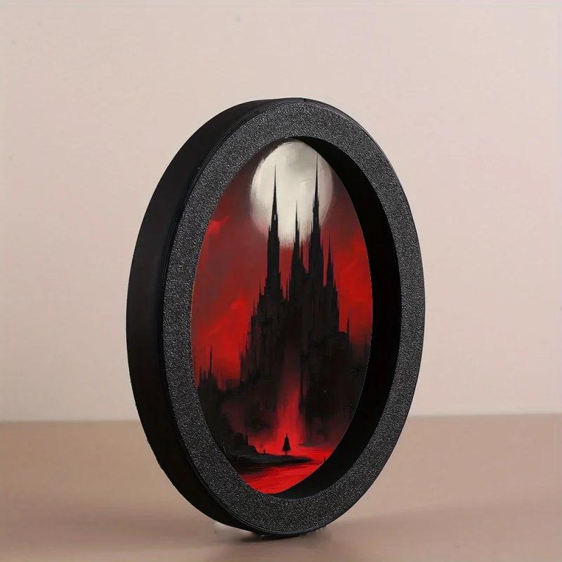 Gothic Oval Frame - Bloody Moon Castle with Gothic Architecture in Red and Durable Plastic Frame for Halloween-MoonChildWorld