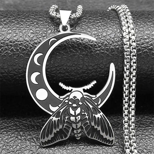 Wicca Crescent Moon Moth Necklace Gothic Jewelry